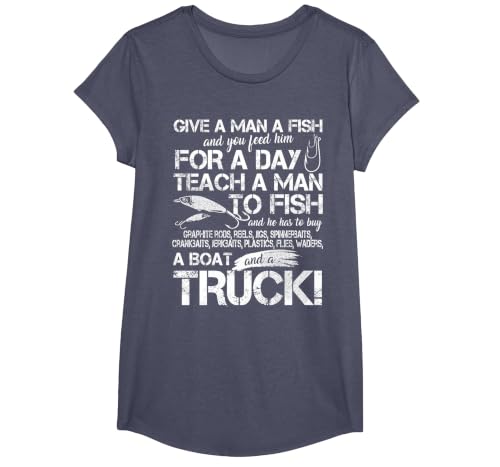 Funny Fishing Teach A Man to Fish T-Shirt T-Shirt, Girls, Heather Blue, Large