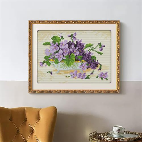 Image of JOYSEWING Purple Flower Basket Cross Stitch Kits Flower Classic Series Stamped Embroidery Starter Sets for Beginners DIY Home Decoration DMC 11CT- (Violet Bonsai(11CT) 18.11 x13.39 inches)