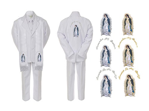 Unotux Baby Boy Christening Baptism White Suit Guadalupe Mary Maria Stole & Back Sm-7 (4T, Full Color Silver Spanish)