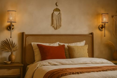 Image of AKWAY Antique Brass Finish Wall Lamps for Living Rooms with Bamboo Shade | Rattan and Cane Wall Lights for Bedroom | Wicker Wall scones - (Rattan Single Webbing Cylinder - Adya)