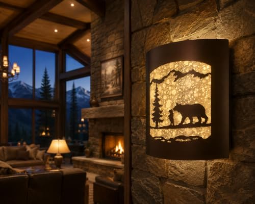 Image of Rustic Bear and Cub with Pine Tree Wall Sconce | Frosted Amber Glass, Lodge Cabin Decor, Woodland Nature Design, Wall Light Fixture