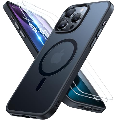 Image of Miracase Magnetic for iPhone 15 Pro Case 6.1 inch (Compatible with MagSafe)(with 2X Screen Protectors)Military-Grade Protection, Anti-Fingerprint Translucent Matte Phone Cover, Black