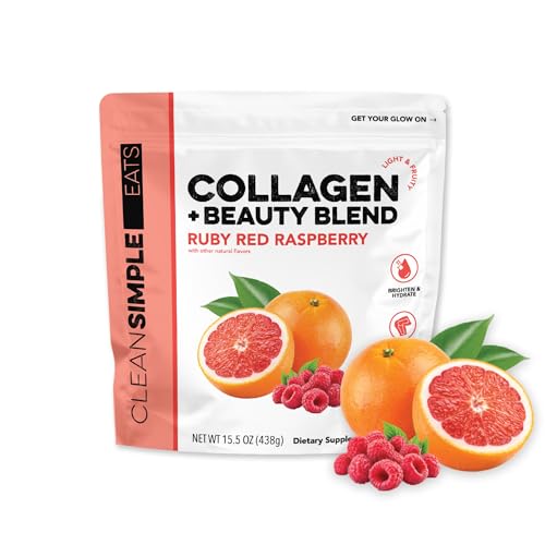 Clean Simple Eats Collagen Powder + Beauty Blend, Ruby Red Raspberry, Hydrolyzed Collagen Peptides from Grass Fed Bovine & Chicken, Hyaluronic Acid for Hair, Skin, Nail & Joint Support, 30 Servings