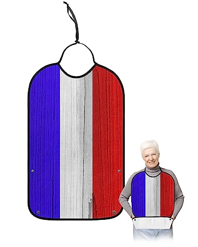 French National Day Adult Bibs for Eating, Waterproof Bibs with Food Catcher & Adjustable Snap Closure, Blue White Red Wooden Striped Washable Clothing Protectors Adult Bibs for Elderly Women/Men