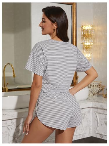OYOANGLE Women's Two Piece Pajama Set Striped Print Crew Neck Short Sleeve Tee and Side Split Shorts Set2