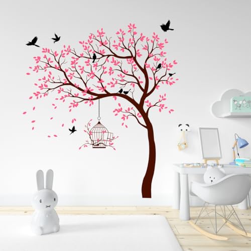 Image of Rawpockets Tree with Birds and Cage(PVC Vinyl) Self Adhesive WallSticker (Pink)