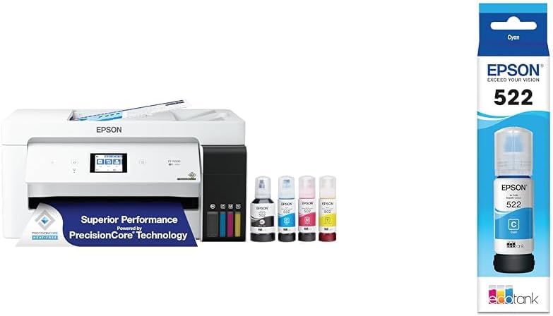 EcoTank ET-15000 Wireless Color All-in-One Supertank Printer & 522 EcoTank Ink Ultra-high Capacity Bottle Cyan (T522220-S)
