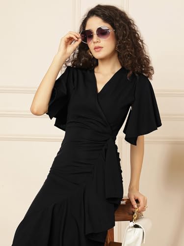 Image of Selvia Wine Flutter Sleeve Bodycon Midi Dress for Women, V-Neck Ruffle Hem Outfit