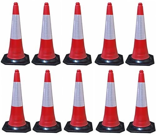 FERRETELIX® 10 UND Cono de Señalización con Base de Goma 75 cm – Reflectante de 32 cms, Base 38x38 cm – Peso 2,75 kg – Fabricado con Material Reciclado (10)