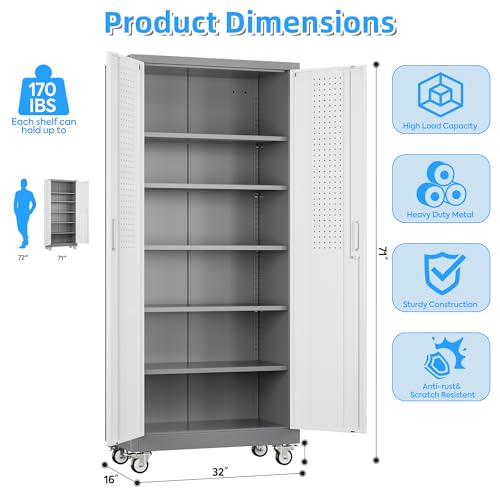 Image of Aobabo Upgrade 71H''*32''W*16''D Metal Garage Storage Cabinet with Wheels and Pegboards, 5 Adjustable Shelves Steel Storage Cabinets for Home,Warehouse,Garage,Assembly Required,Grey and White