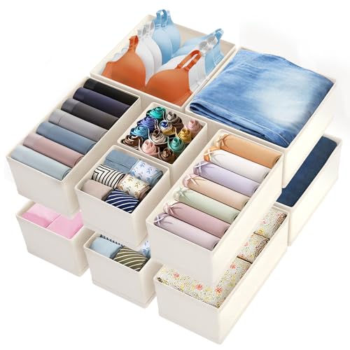 Image of Drawer Organizer Clothes & Dresser Organizers - 12 Pack Foldable Drawer Dividers, Baby Clothes Organizer & Nursery Storage for Sock, Underwear, Bra, Belt, Closet and Dresser Drawer Organizers (Beige)