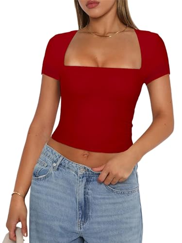 Women's Slim Fit Crop Tops Casual Solid Color Crew Neck Long Sleeve Tight T-Shirt Basic Blouse Tee Tops (Z8-Short Sleeve Red, S)