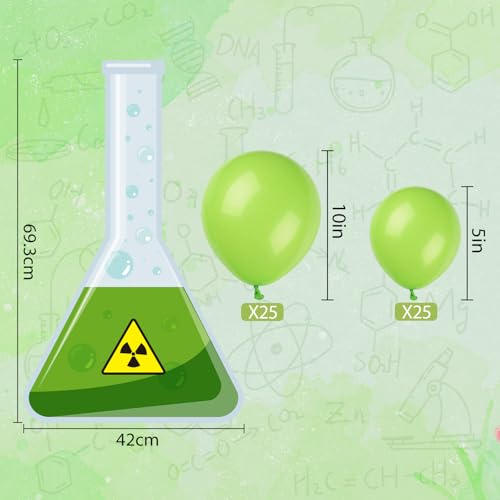 Sanwuta 51 Pcs Science Party Decorations Kit Mad Scientist Birthday Party Supplies Chemistry Laboratory Erlenmeyer Flask Cardboard Cutouts with Balloons for Science Fair Decorations (B,Green) - Thumbnail 2