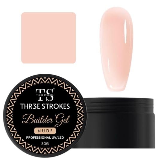 THR3E STROKES Low-Heat Builder Gel for Nails, 30ml Self-Leveling Nail Strengthener, Soak Off Long Lasting Hard UV Gel (Nude)