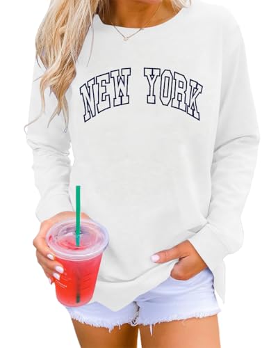 Dressmine Womens Casual Long Sleeve Graphic Tee Shirts Crew Neck Sweatshirts Pullover Tops for Women, New York White, XXL