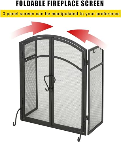Pantalla de chimenea BTURYT de servicio pesado diseño elegante de 3 paneles con ganchos 4
