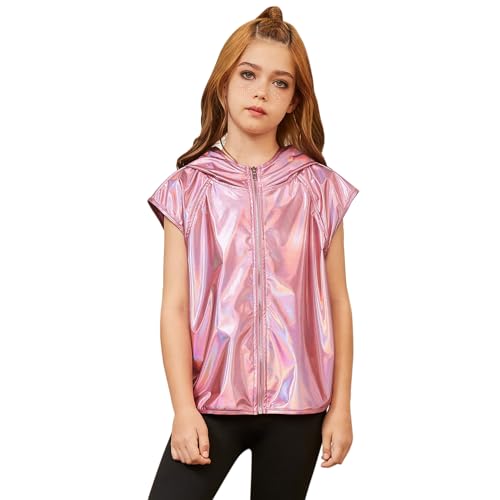 Image of Jxstar Girls Metallic Hoodie Vest Kids Shiny Zip Up Outfit Sleeveless Disco Shirt with Pocket