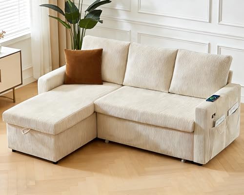 Image of WEUP 82 inch L Shaped Sectional Sleeper Sofa Bed with Pull Out Bed, Sectional Sleeper Couch Pull Out Couch with Reclining Backrest /Reversible Storage Chaise /USB Ports /Tool-Free Assembly, Corduroy Beige