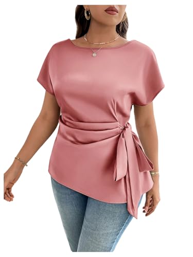 Floerns Women's Plus Size Asymmetrical Pleated Short Sleeve Belted Blouse