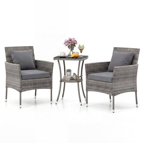 GIANTEX Balkonmöbel Kleiner Balkon, Rattan Gartenmöbel Set Bistrotisch mit 2 Stühlen, Balkonmöbel Set 3 teilig inkl. Kissen, Balkon Möbel für kleinenBalkon, Balkonset 2 Stühle 1 Tisch für 2 Personen