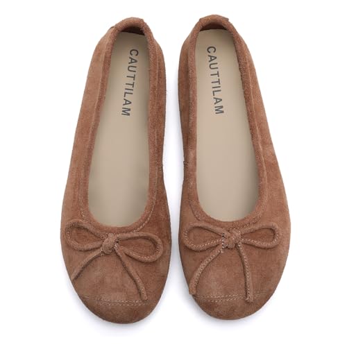 Image of CAUTTILAM Loafers for Women Round Toe Comfortable Dressy Casual Suede Flats Lightweigh Walking Dress Shoes Brown