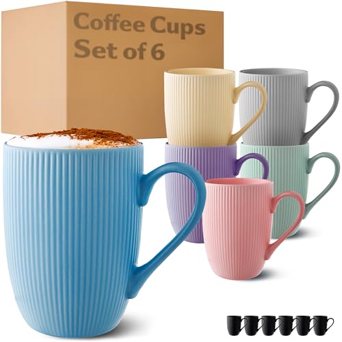 Cosumy Coffee Cups Ceramic 350ml - 6 Coffee Mugs in Modern Colourful Pastel Striped Pattern - Insulated Matt Ceramic - Microwave Safe - Dishwasher Safe & Comfortable Handle