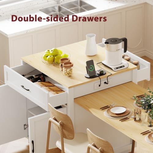 Kitchen Island with Extendable Dining, 82.7" Mobile Kitchen Storage Islands with Double-sized Storage, Rolling Kitchen Cart with Power Outlet, Cabinet & 2 Drawers & 2 Side Open Shelves (White)