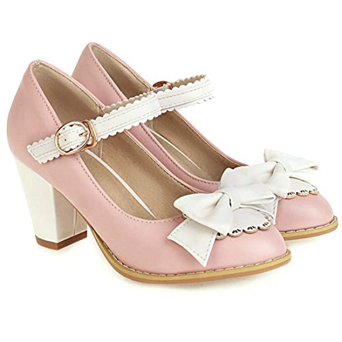 AIMODOR Womens Vintage Mary Jane Block Mid Heel Ankle Strap Pumps with Bow3