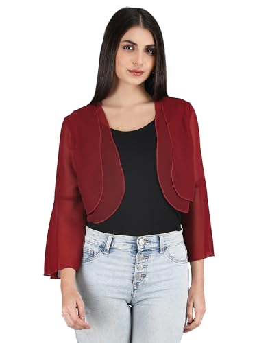 Image of AOL Women's Cropped Layered Lightweight Sheer Three-Fourth Bell Sleeves Georgette Open Neck Shrug Bolero