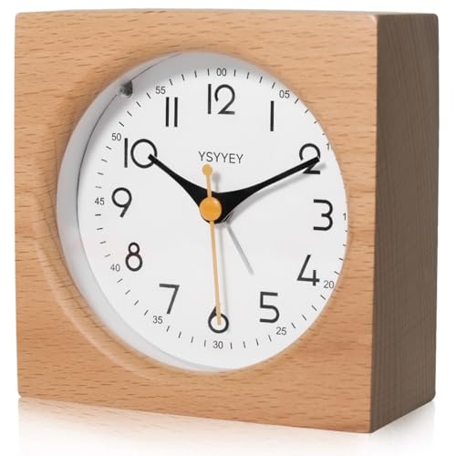 YsyYey Wecker Analog, Wecker ohne Ticken analoge Nachttisch-Holzuhr mit Schlummerfunktion und Nachtlicht, Tischuhr Batteriebetriebener für...