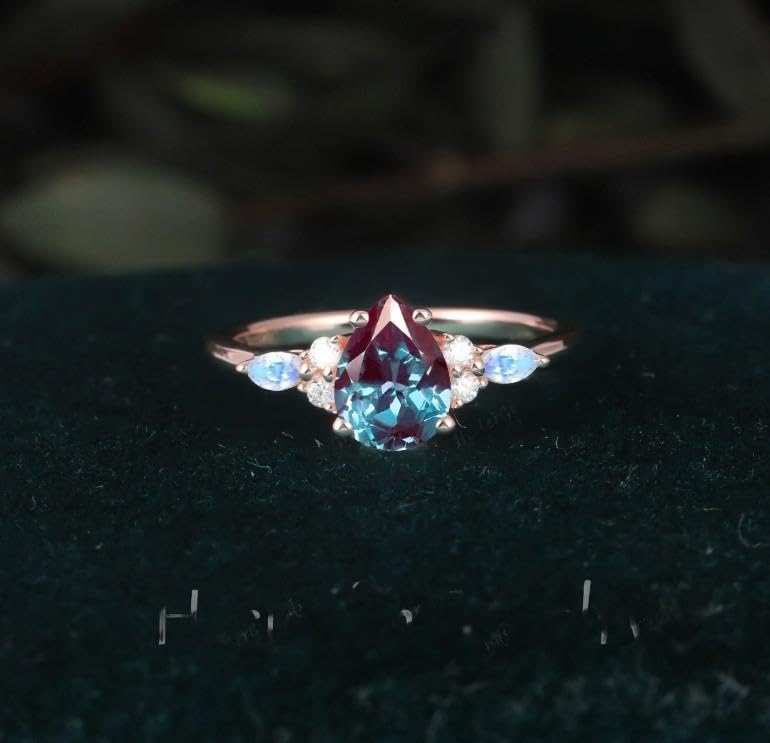Pear alexandrite engagement ring set vintage unique Cluster rose gold anniversary ring wedding Bridal art deco promise ring set3