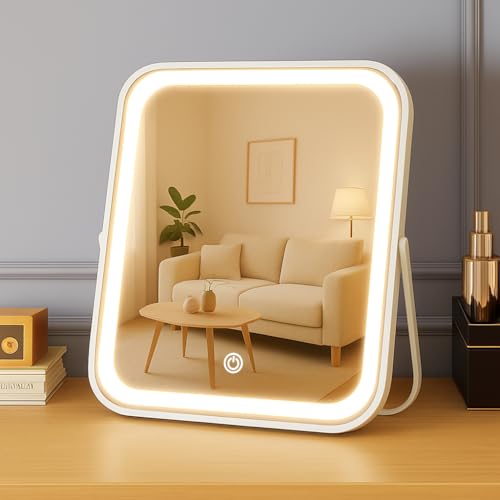 Rechargeable Vanity Mirror with Lights,8x10 Inch 3 Color Lighting Portable Makeup Mirror with Touch Screen Adjustable LED Lights,Desk Mirror for Travel, Home