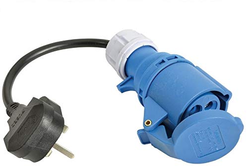 K M Electronics® 13A Rubber Molded UK Plug to 16A Blue Socket Caravan Hook UP Adaptor Mains Cable Lead