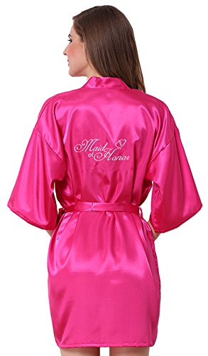JOYTTON Women's Satin Kimono Robe with Embroidered Maid of Honor Fuchsia XL