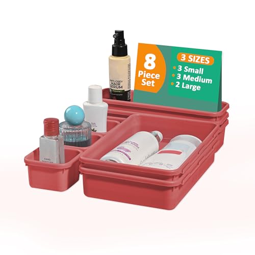 Kuber Industries 8 Pcs Set Plastic Interlocking Desk Drawer Organizer Trays for Home and Office | Cutlery Tray for Kitchen Drawers Organisers | Vanity, Makeup and Dressing Table Organiser | Dark Pink
