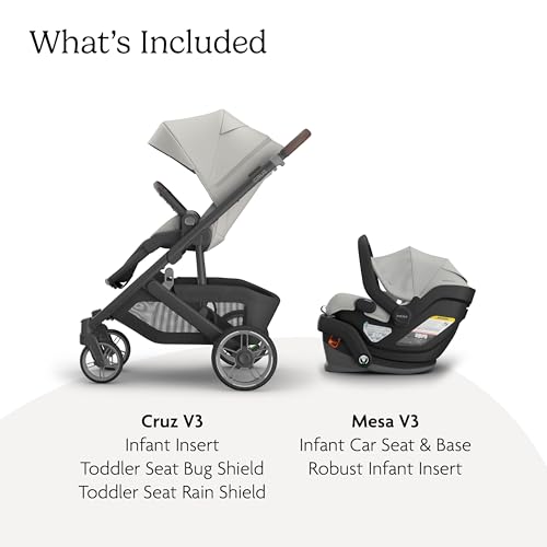 Image of UPPAbaby Cruz V3 Stroller + Mesa V3 Car Seat Travel System Combo - Toddler Seat, Bumper Bar, Bug and Rain Shields, Car Seat Base, and Infant Insert Included - Savannah (Pearl Gray Jacquard)