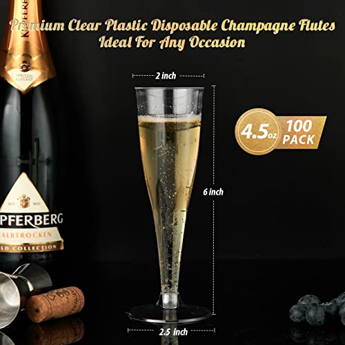 FOCUSLINE 100 Pack 4.5 Oz Plastic Champagne Flutes, Clear Plastic Champagne Glasses, Disposable Toasting Glasses Recyclable Plastic Champagne Cups for Wedding Party - Thumbnail 2