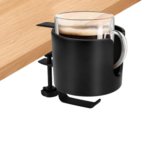 COOLBOTANG ドリンクホルダー デスク用 大容量 ABS+アルミ合金製 耐荷重5kg 多機能 イヤホンスタンド付き ヘッドホンハンガー 取り付け簡単 テーブル収納 スペース節約 カフェ/オフィス/ゲーム用 ブラック [並行輸入品]