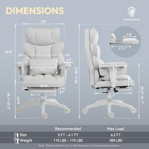 Image of Dowinx Big and Tall Office Chair with Pocket Spring Cushion,High Back Computer Gaming Chairs with Adjustable Armrests,Executive Desk Chairs with Lumbar Support and Footrest,Cloth-White