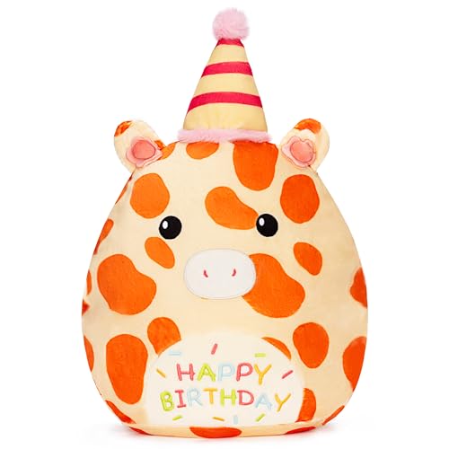 PLAYNICS Original 15.5-Inch Happy Birthday Giraffe Plush Pillow Stuffed Animal Toy,Big Size Cute Soft Fat Hugging Cuddle Huggable Plushie,Gift for...
