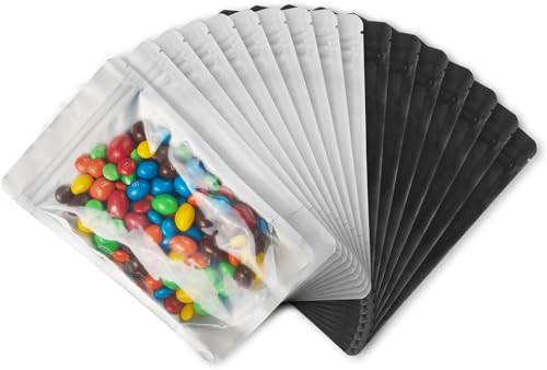 ZAYALI Bolsas negras de 5 x 8 pulgadas, resistentes, paquete de 100, parte delantera transparente con parte trasera de papel de aluminio, cierre hermético resellable y termosellable para