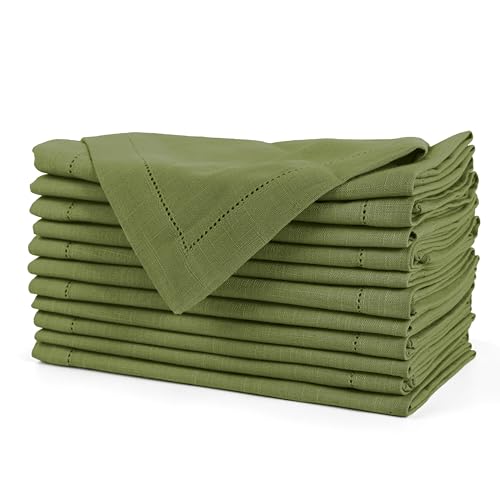 Image of FINGERCRAFT Hemstitched Cotton Table Napkins - Set of 12, 20x20 Inch, 100% Cotton Cloth Napkins with Faggoting Stitching - Durable & Elegant for Parties, Hotels, Everyday Use (Olive Slub)