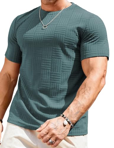 Image of JMIERR Mens T-Shirt Casual Stretch Solid Crewneck Short Sleeve Tees Textured Shirts