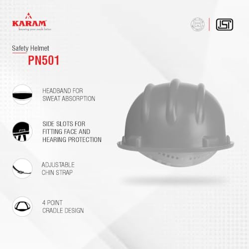 Image of Karam PN501 Safety Helmet for Men Industrial and Construction Use| Manual Adjustment Type with Adjustable Chin Strap| Triple Corrugation and is Certified Safety Helmet Lamination Blue | Pack of 2