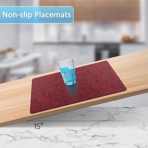 Placemats Set of 8 Washable, Heat Resistant Table Placemats Wipeable Faux Leather Place Mats Non Slip, Waterproof Square Table Mats for Indoor Outdoor, Wine Red
