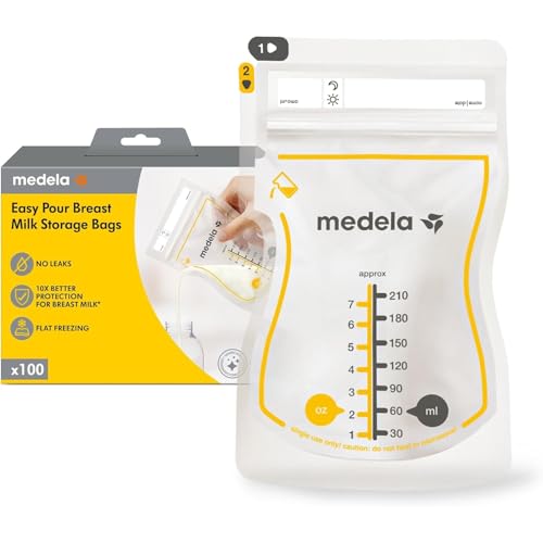 Medela Easy Pour Breastmilk Storage Bags, Disposable Leakproof Breast Milk Bags with Milk Protection, Recyclable & BPA Free, 210ml Capacity, 100 Pack