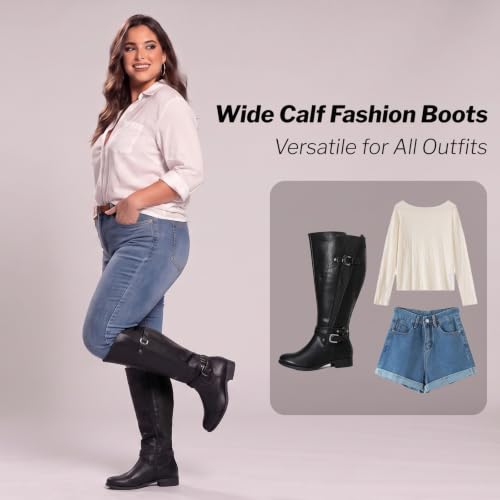 Image of Luoika Women's Extra Wide Calf Heeled Knee High Boots. | Wide Width, Winter Boots, Block Heel, Adjustable Buckle, Round toe