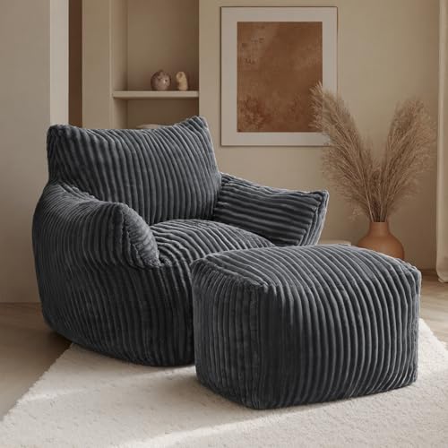 JULY'S SONG Schlafsofas Relaxsessel mit Rückenlehne und Fußstütze, XXL Sitzsack Sessel mit Hocker für Erwachsene, Lazy Sofa, Indoor-Sitzkissen für Schlafzimmer, Wohnzimmer, Wintergarten, Dunkelgrau