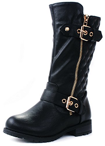 JJF Shoes Kids Girls Mango21 Black Dual Buckle/Zipper Quilted Mid Calf Motorcycle Boots-102