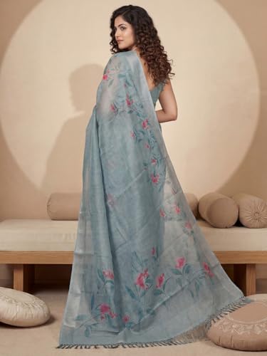 Image of AKHILAM Women's Floral Printed Handloom Cotton Silk Saree with Zari Border and Tassel Pallu Unstitched Blouse Piece | Traditional Ethnic Wear Sarees | Women saree silk | Festive Sari Women's